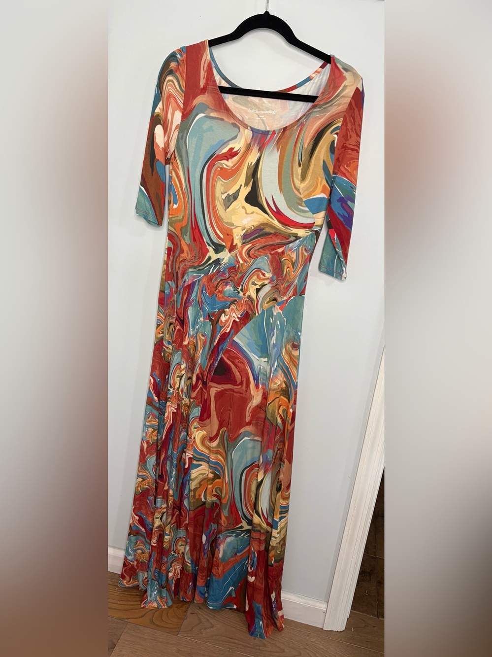 Soft Surroundings Multi-Color Swirl Maxi Dress — Red, Blue, Orange, Cream, Tan